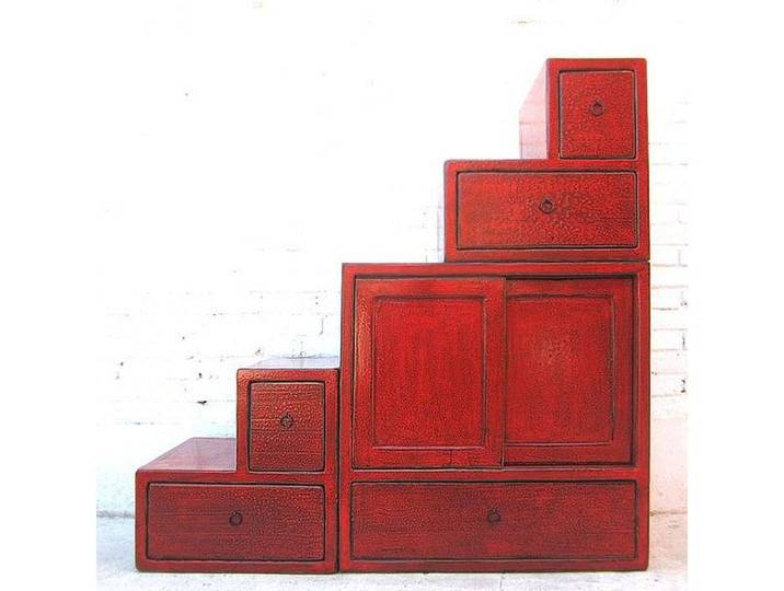 Luxury-Park-Direct Kommode Asien Treppen Kommode Schrank rotbraun Antikfinish Vollholz.Luxury Par