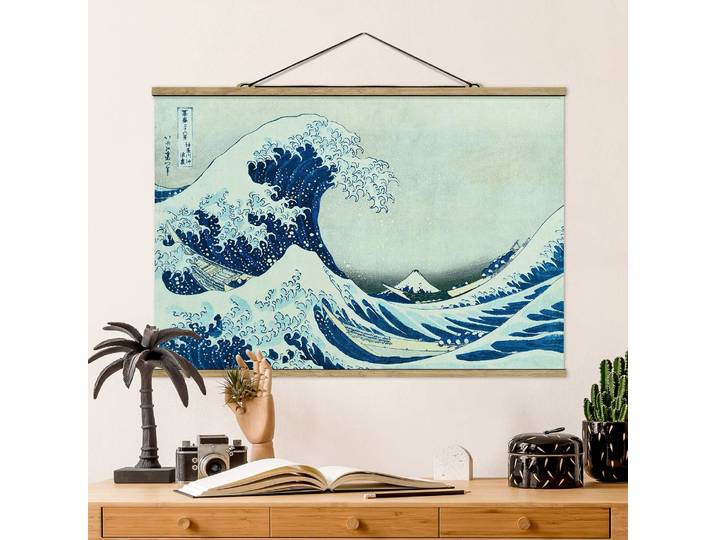 Stoffbild Die grosse Welle von Kanagawa Webstoff Blau 100 x 67cm