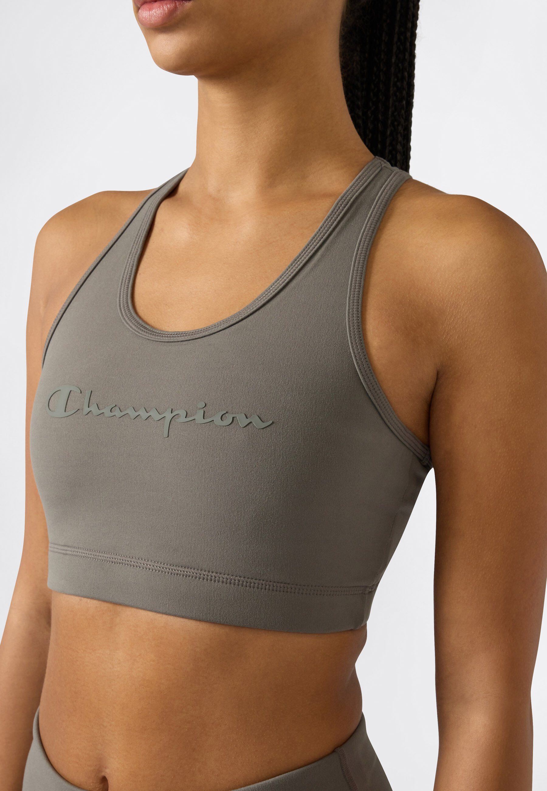 Sport-BH CHAMPION "PERFRORMANCE Quick Dry Bra with big Logo", Damen, Gr. M, N-Gr, grau (dgg), Obermaterial: 78% Polyester, 22% Elasthan, BHs Sport-BH, für Sportmode und Fitnessaktivitäten geeignet, sportlicher Stil dgg M, N-Gr