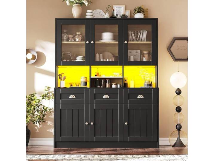 Buffet de Cuisine-Vitrine-Meuble de Rangement-6 Portes et 3 Tiroirs-Minimaliste Moderne-Buffet Haut pour Cuisine-140x40x175cm-Noir