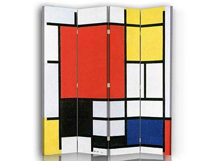 Legendarte - Paravant, Raumteiler Komposition mit Rot, Gelb, Blau und Schwarz - Piet Mondrian - Dekorativer Raumtrenner cm. 145x170 (4 x)