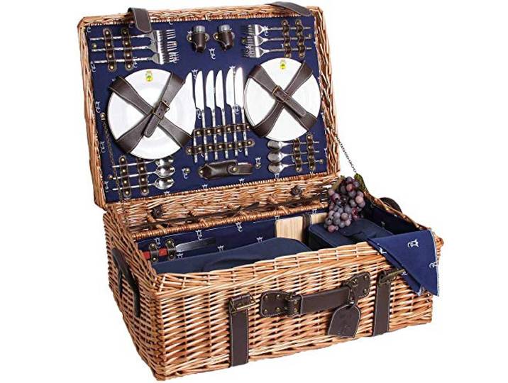 Les Jardins de la Comtesse - Picknickkorb Champs-Elysées aus Weidengeflecht und echtem Leder - Dunkelblau - Für 6 Personen - Komplett Ausgestattet - Teller aus Porzellan/Weingläsern - 66 x 44 x 23 cm