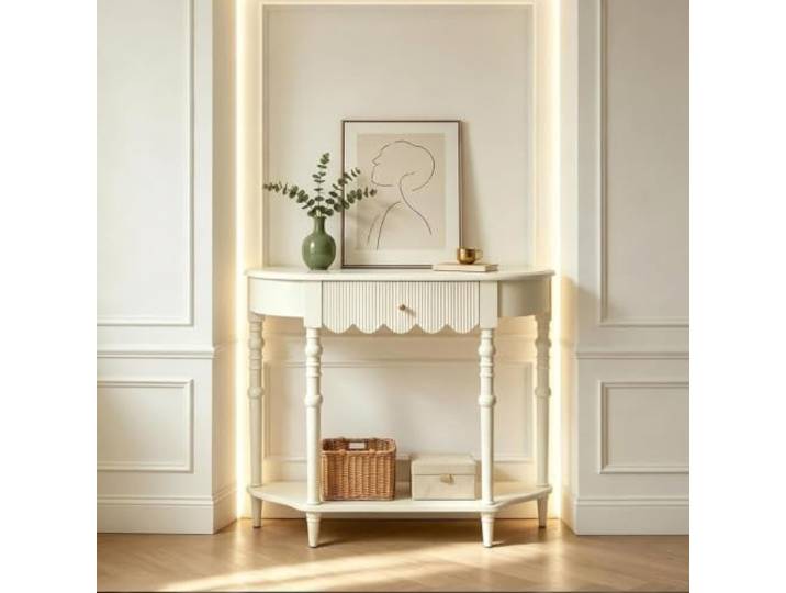 RASJCGRCOA Konsolentisch Massivholz Halbrund mit Schublade und Ablage Schmaler Flurtisch Eingangsbereich Wandtisch im Landhausstil für Flur, Diele, Wohnzimmer, Cremeweiß
