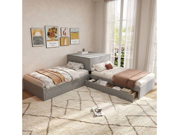 Lit gigogne d'angle enfant 90x200 cm x2 + 90x190 cm placard de rangement 2 tiroirs lin gris sans matelas