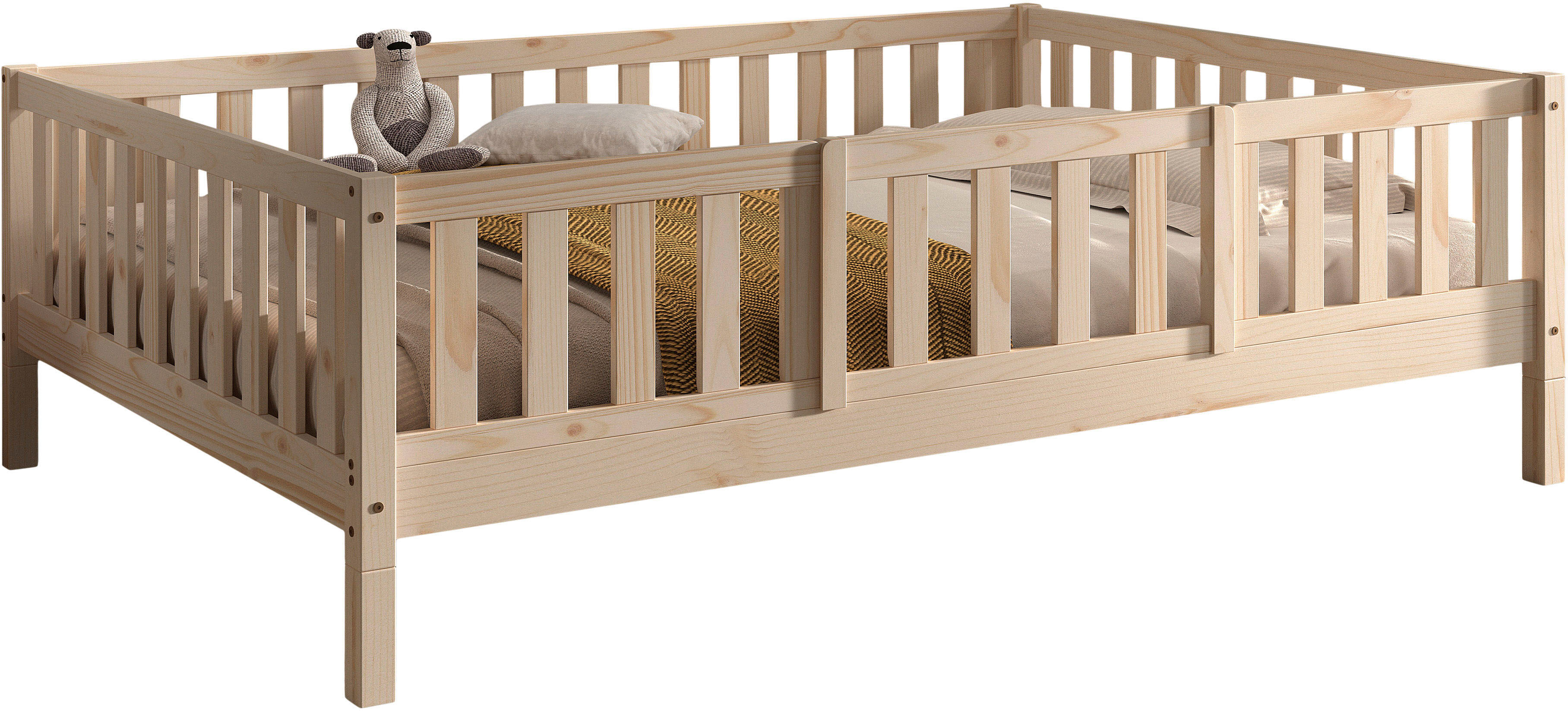 Kinderbett VIPACK "Dallas, massiv Bett, Rausfallschutz, umbaubar vom Boden- zum Daybett", beige (kiefer natur, kiefer natur, kiefer natur), B:147cm H:66cm L:210cm, Betten, Kinderbett, stabil und standfest gebaut, wahlweise Kiefer massiv natur oder weiss k