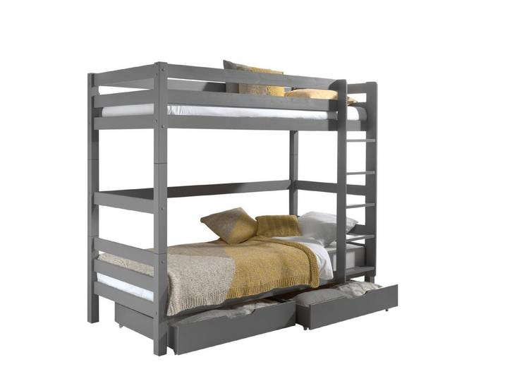 58 aufm Kessel Bettgestell Etagenbett + Schubladen Karolina 210x105x182 Hochbett Massivholz grau (inkl. Versand, Lieferung bis Verwendungsstelle), Liegefläche 2x 90x200, Absturzschutz, Bettschublade, Rolllattenrost