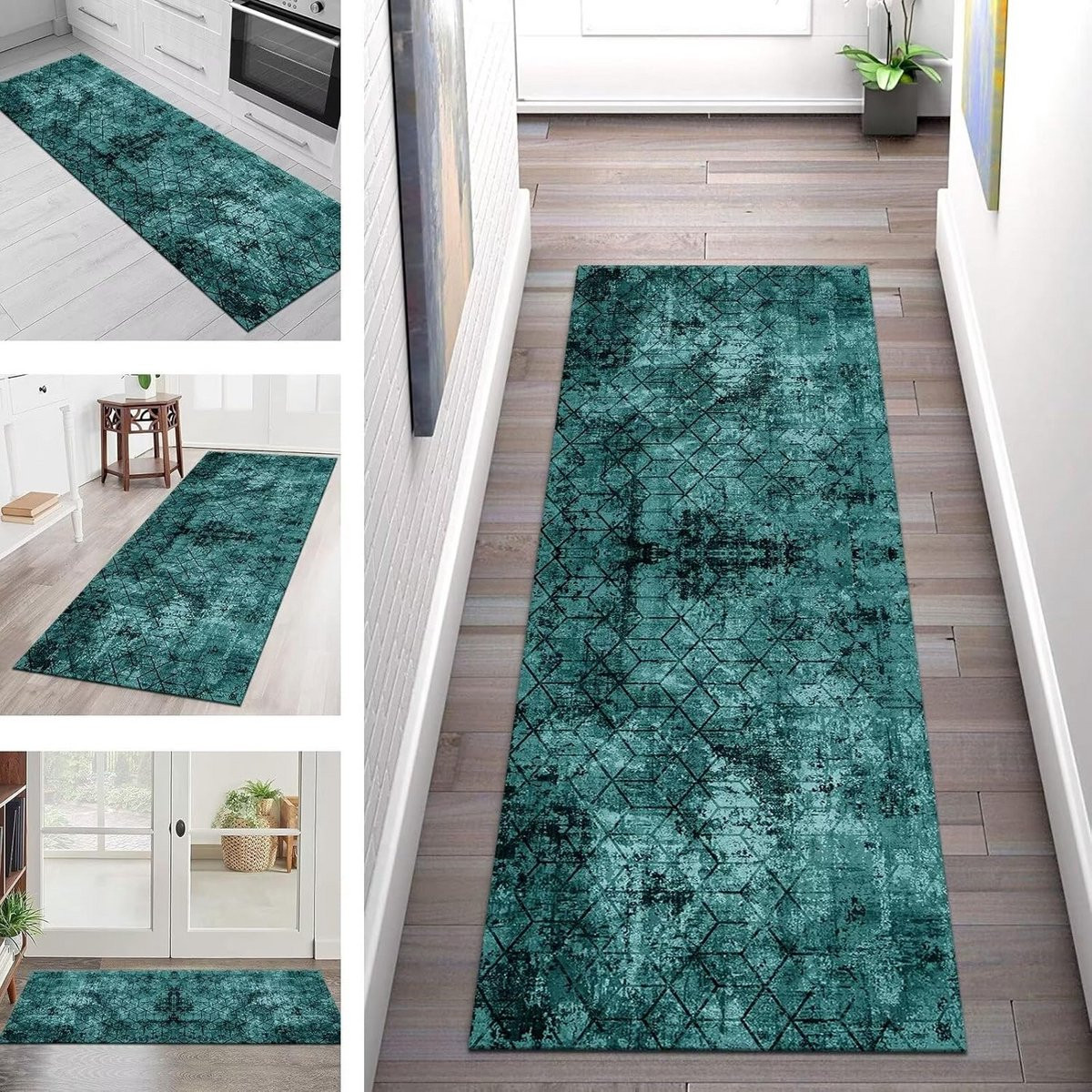 Wasbaar Antislip Vloerkleed Karpet Runner voor Gang, Keuken of Woonkamer - Cyaan Zwart - Breedte: 70 cm