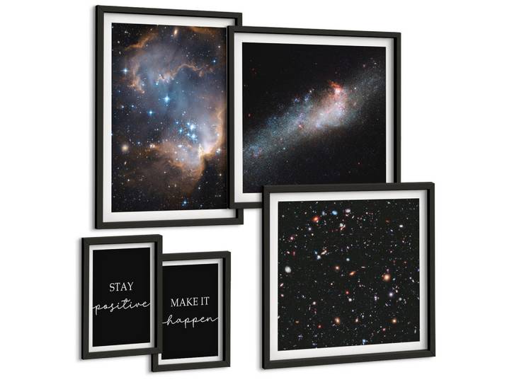 BILDER SET 5er Set - 50x50 cm & 20x30 cm & 40x60 cm Schwarzer Rahmen - Motivationsslogans Sterne Weltraum