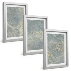 BILDER SET 3er Set - 20x30 cm Silberner Rahmen - Dekorativer Stein aus grünem Marmor