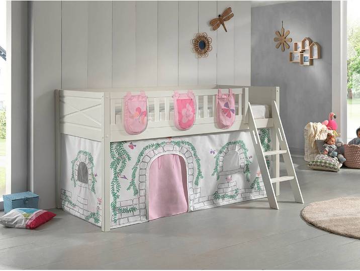 Spielbett 90 x 200cm Weiß/Beige mit Taschen/mit Vorhang