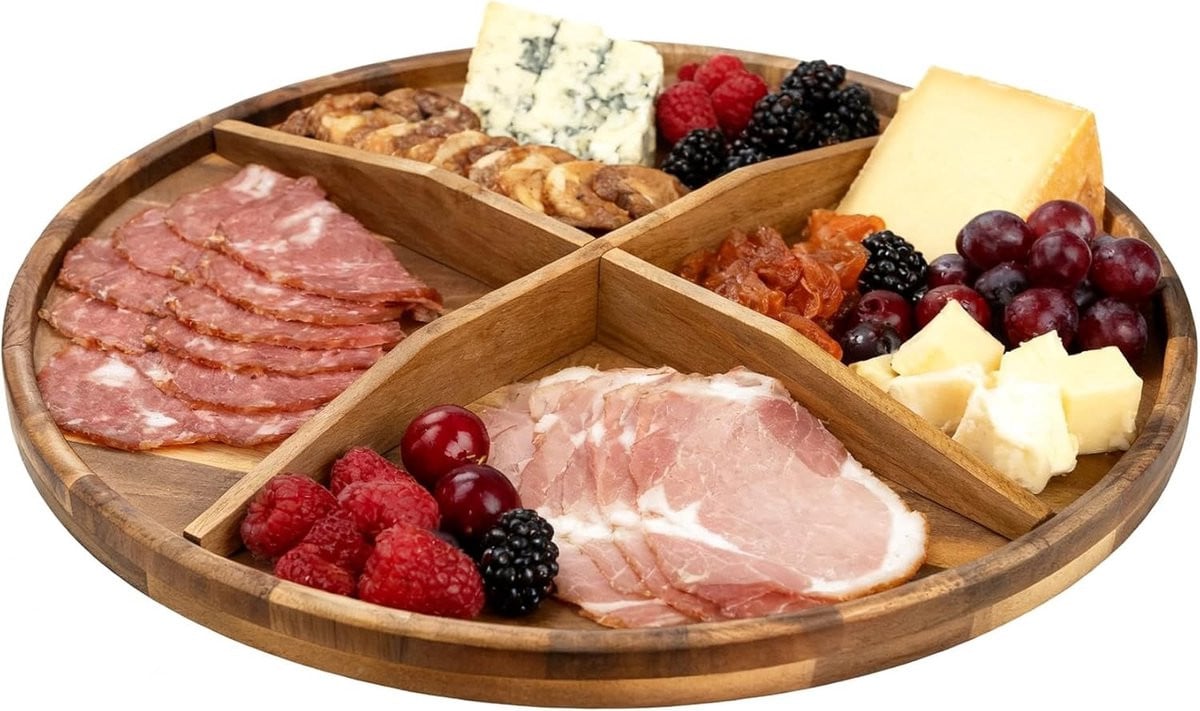 Groot rond serveerbord van acaciahout voor tafelgebruik en feestjes