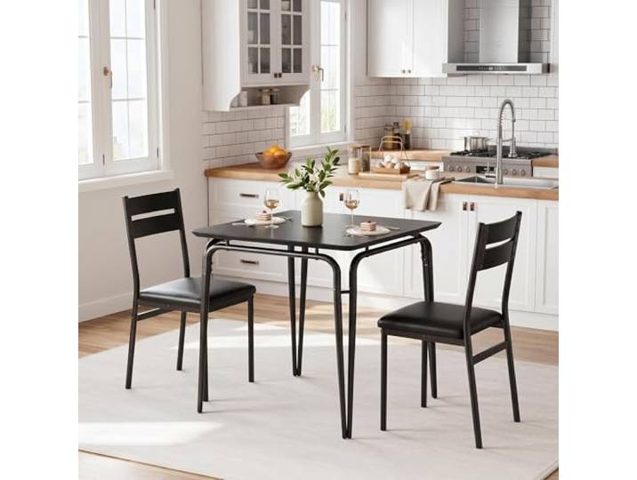 GarveeMore Platzsparendes 3-teiliges Essgruppe-Set für 2 Personen – Moderner quadratischer Esstisch mit 2 gepolsterten Stühlen – Ideal für kleine Räume & Apartments – MDF-Tischplatte – Schwarz