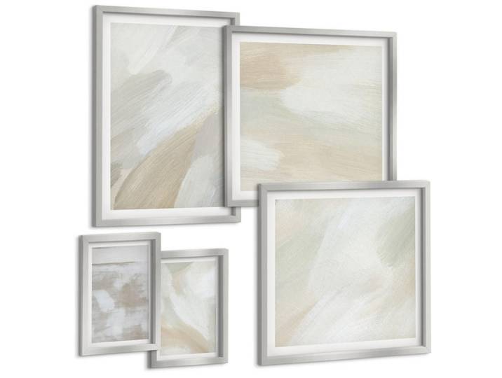 Tulup Bilder SET 5er Set - 50x50 cm & 20x30 cm & 40x60 cm Silberner Rahmen - Abstrakte Pinselmalerei auf Leinwand, Silberfarben, Kunststoff, Rechteckig, 40x60 cm, gerahmt, Bilder & Rahmen, Bilder