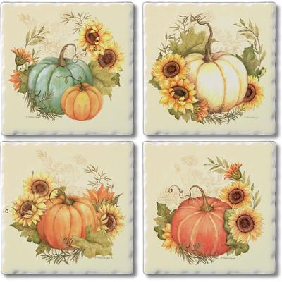 Thirstystone Harvest Field 4-Pack Assorted Tumbled Tile Stone Coasters with Protective Cork Backing Made in The USA Absorbent Wipes Clean