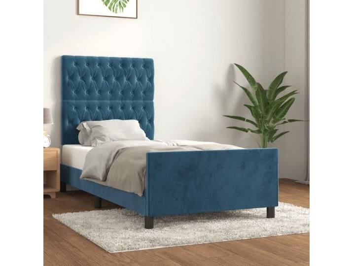 Cadre de lit - AKOZON - AKOZON - 90x190 cm - Velours bleu foncé - Tête de lit réglable