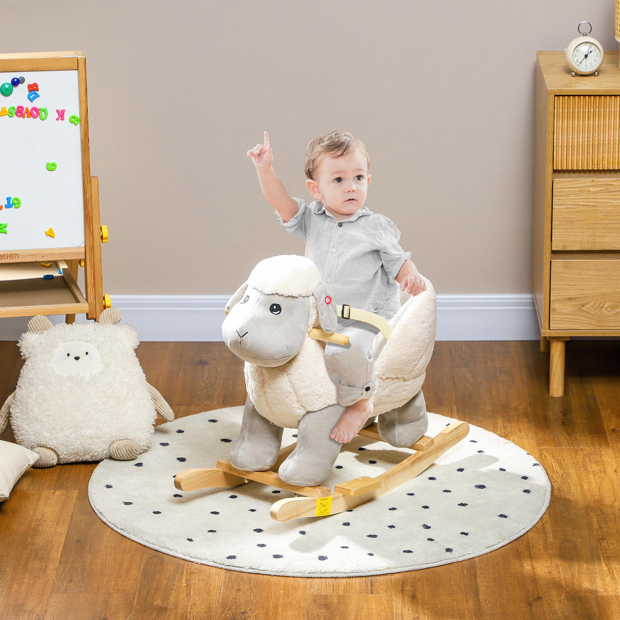 Aiyaplay Cavallo a Dondolo per Bambini 1-3 Anni a Forma di Pecorella con Suoni e Rivestimento Morbido, Grigio