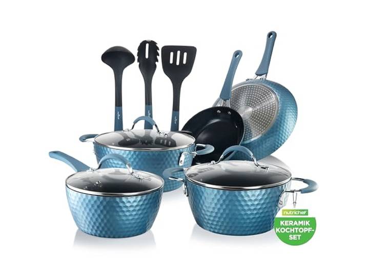 NutriChef Töpfe & Pfannen, 11 Teiliges- Topf und Pfannenset, Inkl. Küchenlöffel, Keramik Antihaftbeschichtet, Für alle Herdarten inkl. Induktion, Ideal für Familien & Single-Haushalte