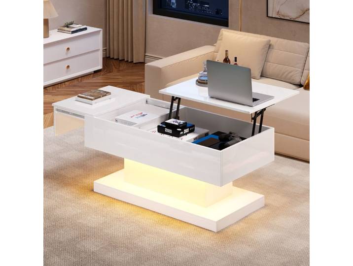 Table basse blanche brillante avec plateau relevable rangement et LED