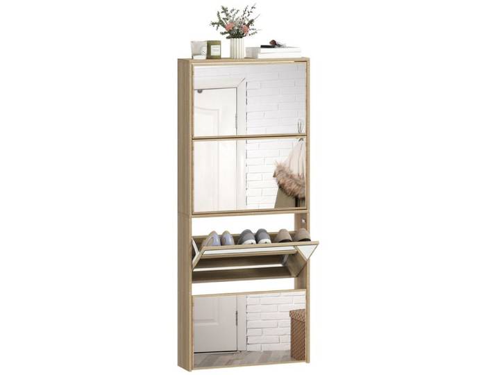 Meuble à chaussures bois 63x17x146 cm 4 portes miroir antiretournement MEUBLE A CASIER