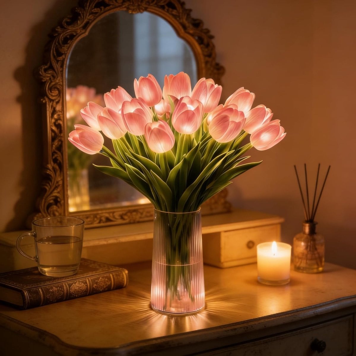 KZQ Led Tulpen Nachtlampje 15 Stuks Sfeerverlichting Roze voor Slaapkamer en Nachtkastje