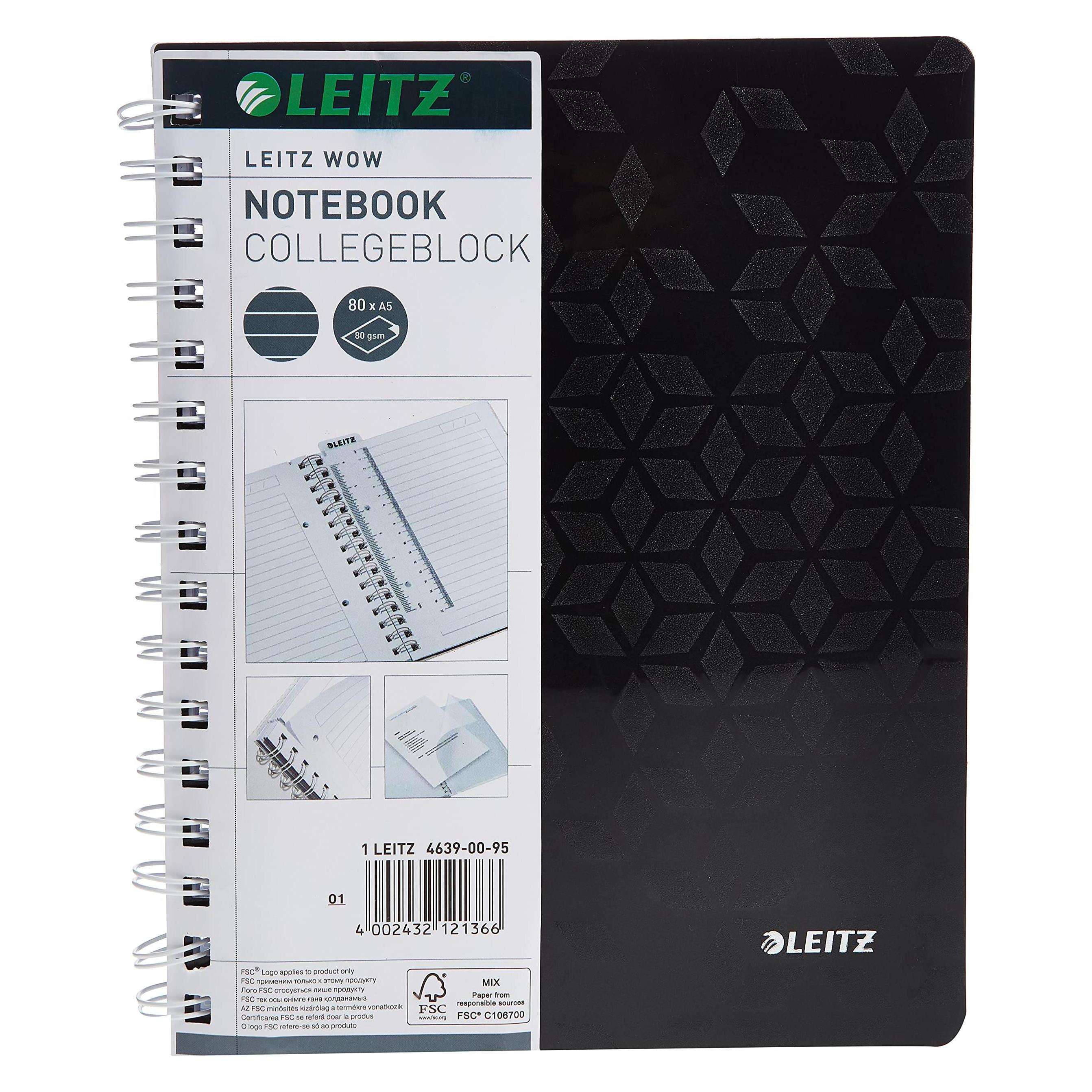 Leitz WOW Collegeblock spiralgebunden mit PP-Einband (A5, Liniert, Weicher Einband) (4639-00-95)