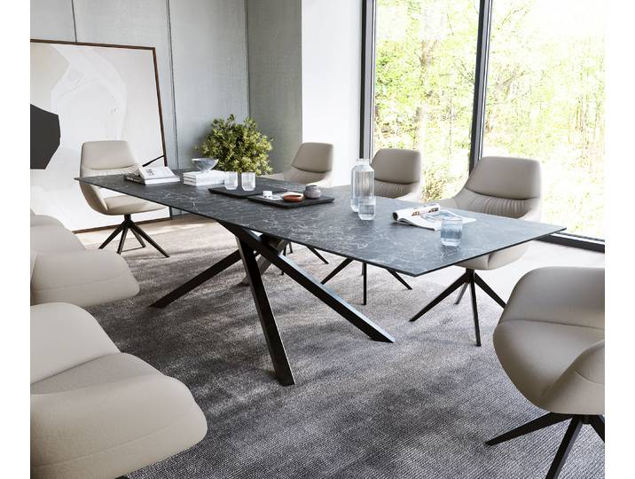 DELIFE Esstisch Edge 300x100cm Keramik Laminam®Nero Greco Anthrazit Mittelfuß Kreuz Schwarz