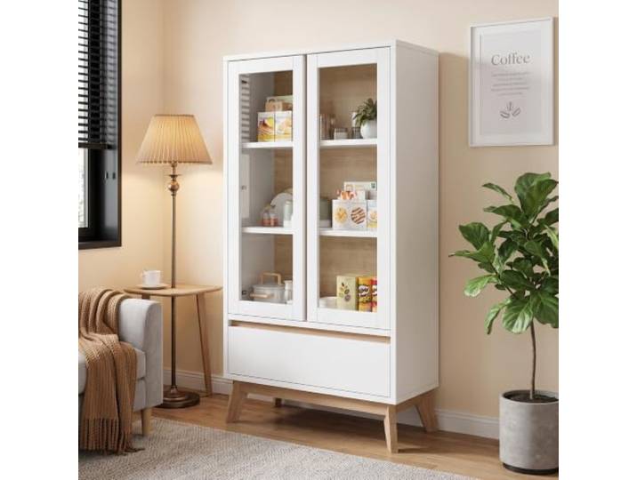 BXEYXE Küchenschränke, Vorratsschränke, Sideboards, geeignet für kleine Räume im ESS- oder Wohnzimmer, mit verstellbaren Einlegeböden, weiß + holzfarben