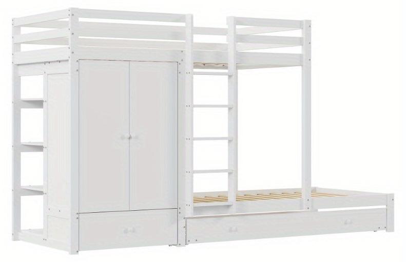 Kinderzimmer-Etagenbett mit Ausziehbett und Kleiderschrank - Platzsparendes Kinderbett mit Stauraum - Weiß