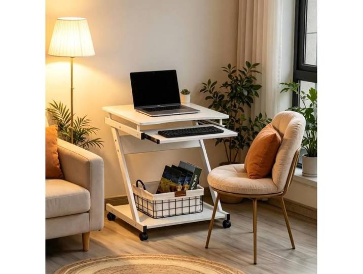 Bureau informatique mobile avec plateau clavier coulissant - LPOSPI - roulettes tablette inférieure métal blanc
