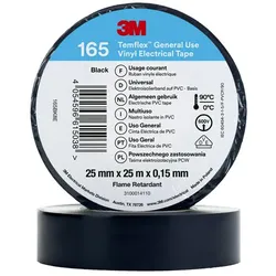 3M Temflex 165 Vinyl Elektro-Isolierband, 25mm breit, 25m lang,schwarz