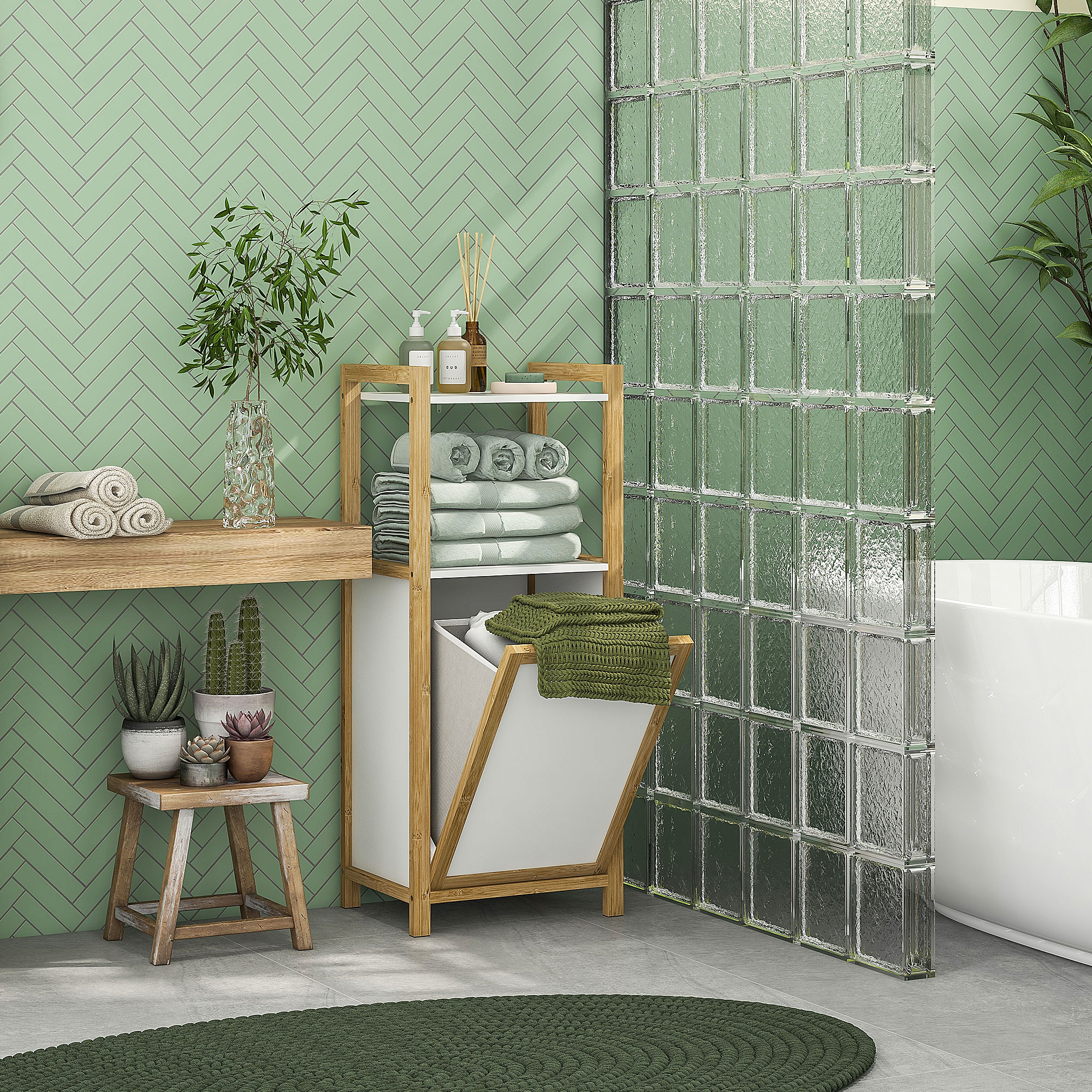 Homcom Mobile in bambù con cesto per il bucato bagno risparmio spazio - 2 mensole - dim. 40L x 30l x 86,5H cm