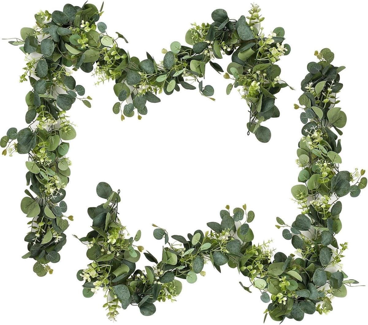 Dailygoods Eucalyptus Slinger met Witte Bloemen - 2 Stuks - Diepgroen - 180 cm