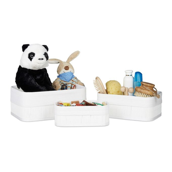 Set van 6 Relaxdays opbergmanden van bamboe en textiel, wit, stapelbaar voor badkamer, slaapkamer of kinderkamer