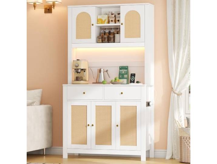 Merax Küchenschrank 180 cm, Buffetschrank mit LED und Steckdosen, Aufbewahrungsschrank mit 5 Rattantüren, 2 Schubladen, Vorratsschrank Landhausstil, großer Arbeitsplatte für Esszimmer, Küche, Weiß