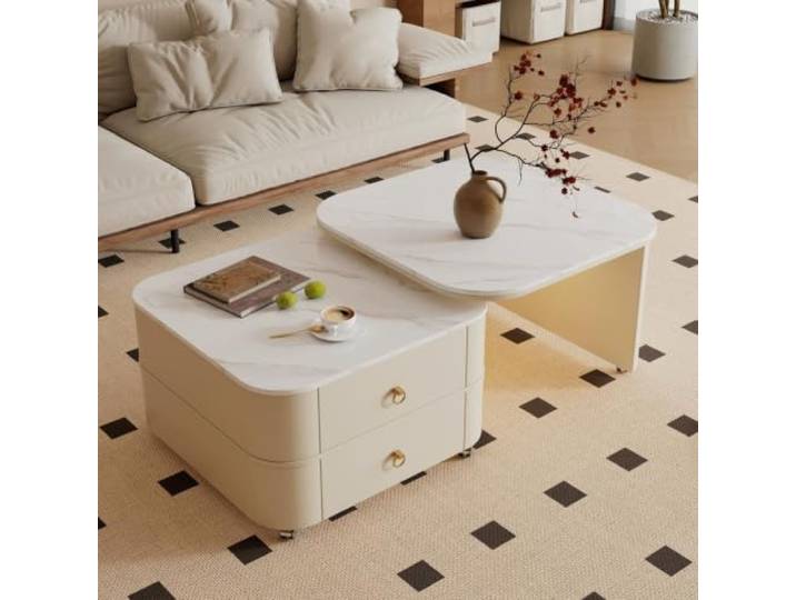 Nesting‑Couchtisch mit Rädern und Stauraum für kleine Räume Bewegbares Nesting‑Design, versteckter Stauraum, Mid‑Century‑Modern‑Stil(White,50cm/19.7in+60cm/23.6in)