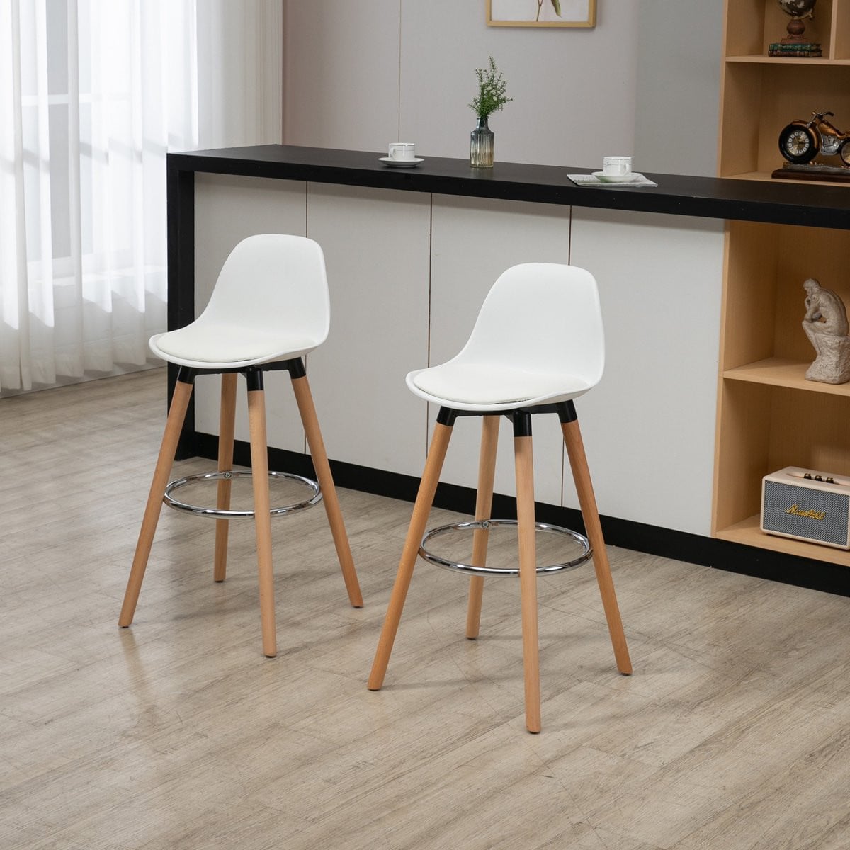 DESMIU Barkruk Set van 2 met Rugleuning en Voetsteun - Wit Hout - Scandinavisch Design