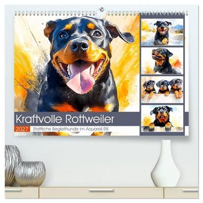 Kraftvolle Rottweiler. Stattliche Begleithunde im Aquarell-Stil (hochwertiger Premium Wandkalender 2027 DIN A2 quer), Kunstdruck in Hochglanz