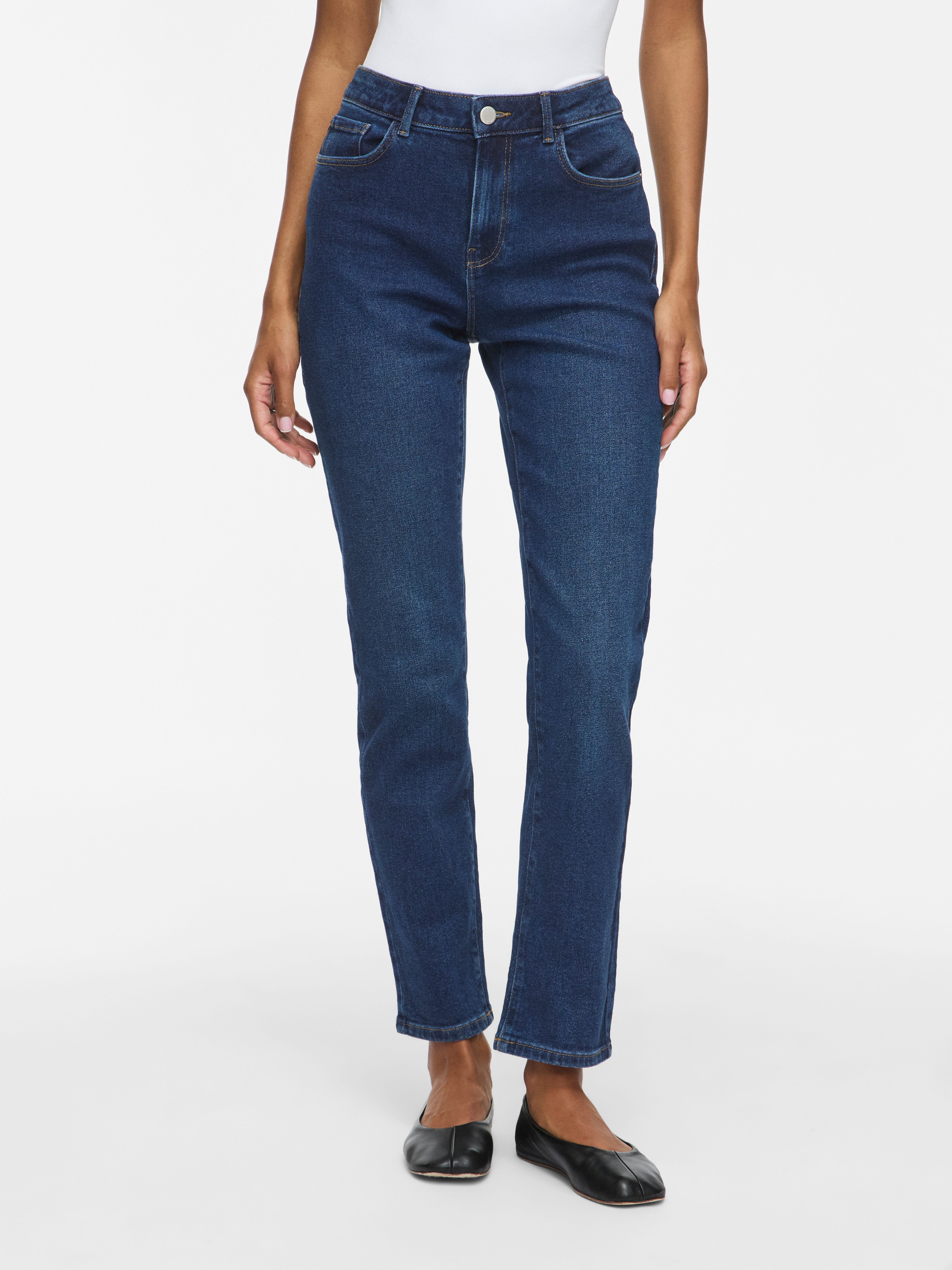 Straight-Jeans VILA "VIALICE RW STRAIGHT JEANS DBD SOL30-NOOS", Damen, Gr. 34, Länge 30, blau (dunkelblau denim detail:wash 30), Denim/Jeans, Obermaterial: 98% Baumwolle, 2% Elasthan, unifarben, straight fit lang, Jeans Straight-Jeans, Baumwollmischung, s