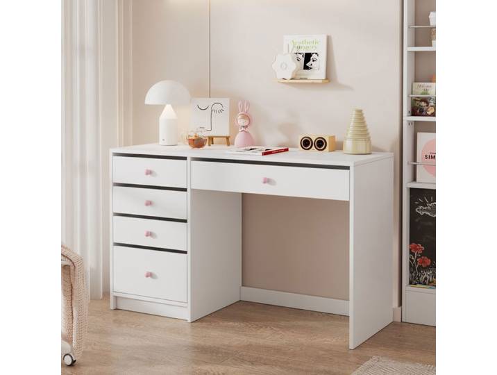 Bureau Ordinateur - MERAX - Bureau enfant avec 5 tiroirs - 120x45x74 cm - Blanc mat
