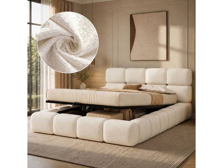 Luscriate - Lit coffre 180x200 cm Lit capitonné Lit double avec rangement hydraulique design nuage bouclé - blanc