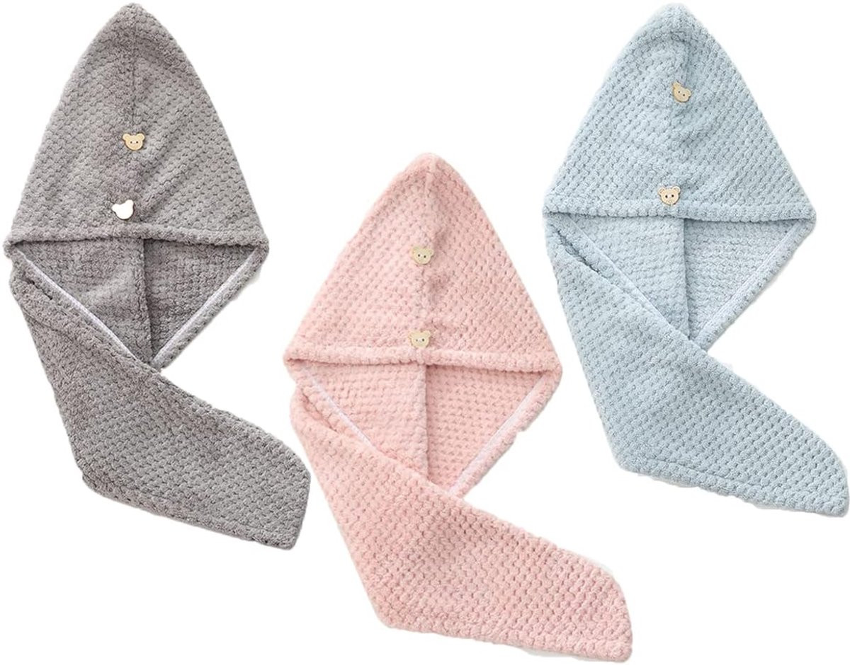 Set van 3 superabsorberende haartulbanden voor snel droog haar, blauw