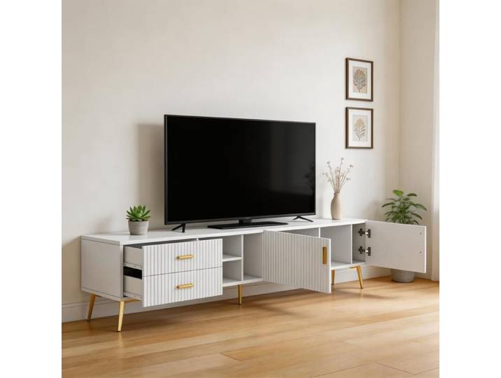 Support TV 75 pouces meuble bas TV console multimédia meuble de salon design blanc