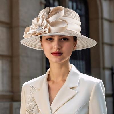 Fashion Sheath Deluxe Champagne Satin Flower Fascinator Hat For Weddings And Formal Church Events champagne