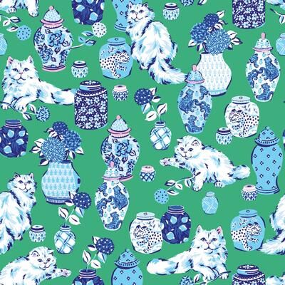 Printfresh Fancy Cats Green Peel and Stick Wallpaper