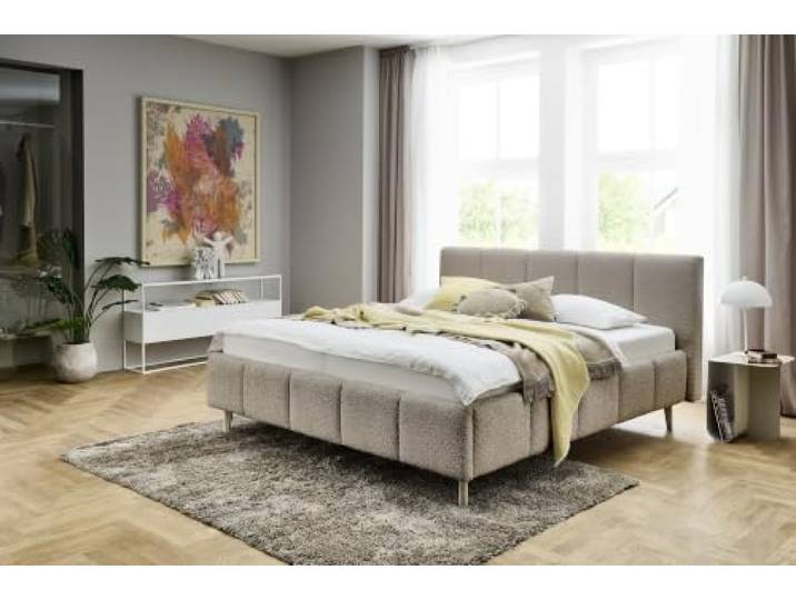 Meise Möbel Polsterbett Alva 160x200 cm Bettgestell Kopfteil mit Einzügen Bouclé-Stoff Cappuccino Holzfuß sandfarbig