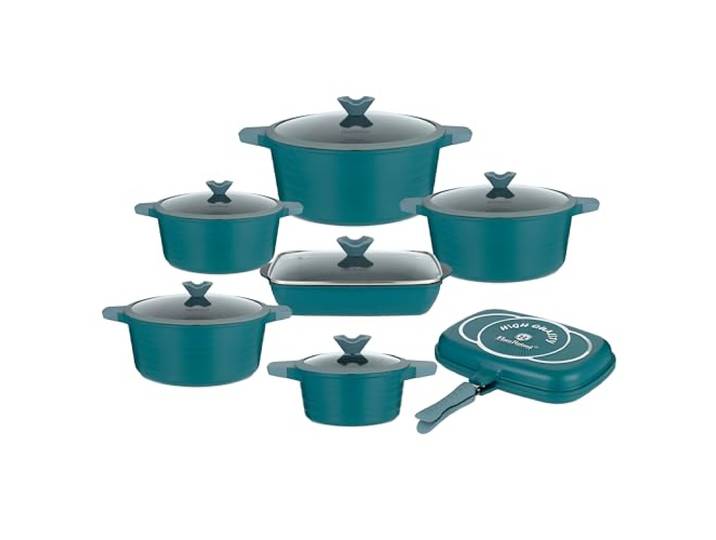 Lorren Home Trends Kochgeschirr-Set aus Aluminiumdruckguss, 14-teilig, antihaftbeschichtet, induktionsgeeignet, Grün