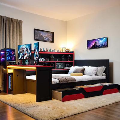Fundinbaths Gaming Daybed with Desk and LED Lights, Wooden Bed Frame with Storage Drawers, Charging Station, Bookcase Headboard