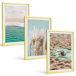 BILDER SET 3er Set - 40x60 cm Goldrahmen - Strandwellen Grashut