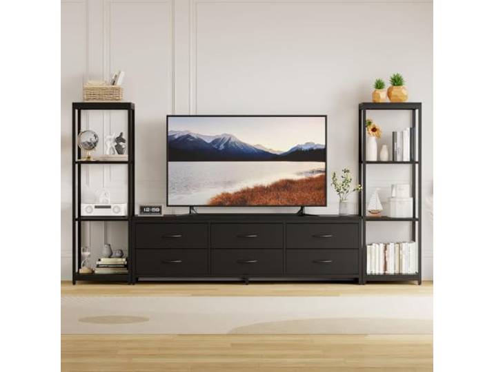 Cachpib TV Schrank Lowboard Fernsehschrank Für Fernseher Bis Zu 75 Zoll Fernsehtisch mit 6 Stoffschubladen, 8 offenen Fächern TV Board Entertainment-Center 226x35x120cm