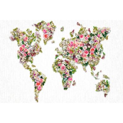 Vliestapete LIVING WALLS "Weltkarte aus Rosen Vlies", bunt, B:0,53m L:10,05m, Vlies, Tapeten, Blumige Fototapete Landkarte Floral 4,00m x 2,70m Weiß Grün Rosa